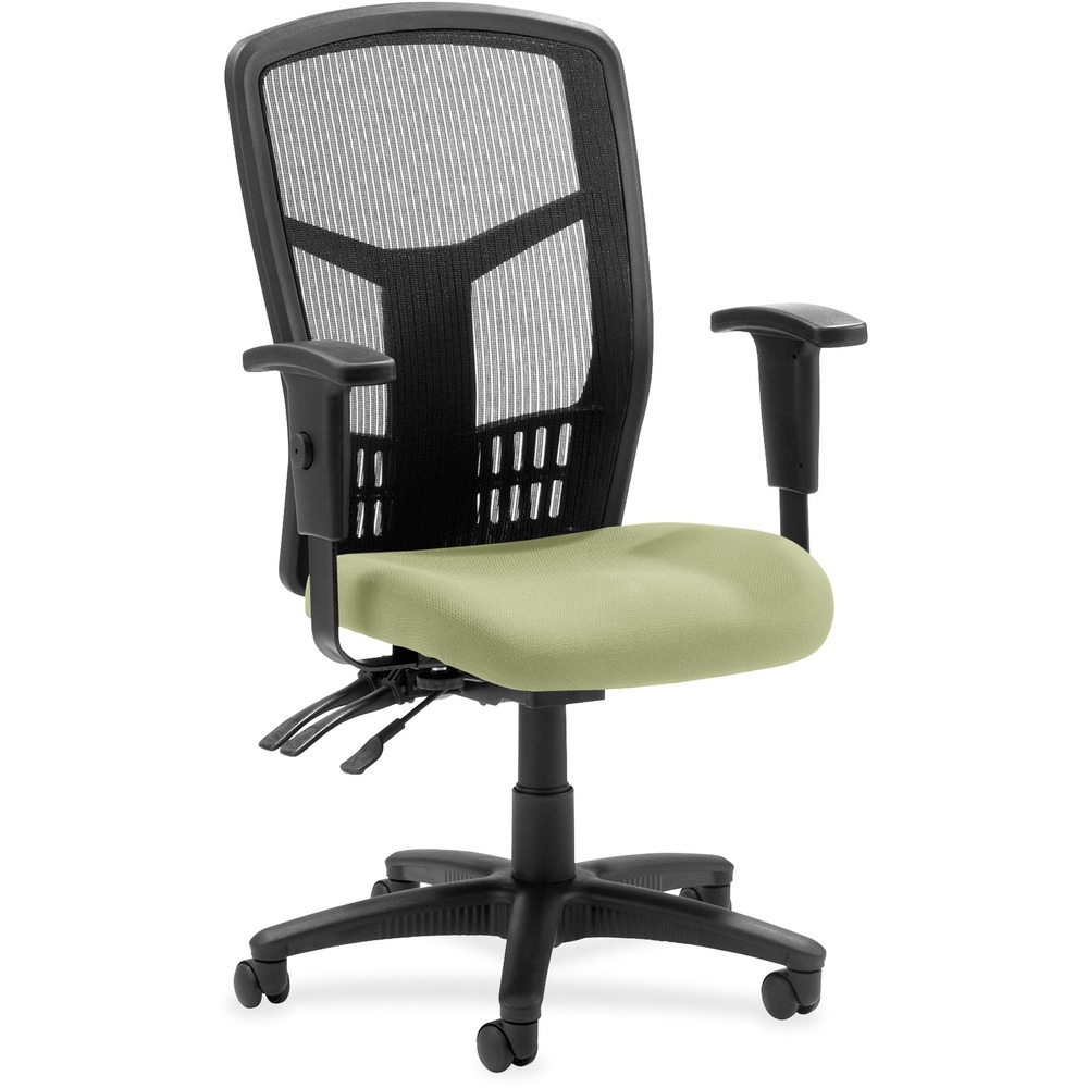 LLR86200069 - Executive High-back Mesh Chair cradles you during a hard day at work with a breathable mesh back and upholstered seat. The ergonomic mesh back supports the natural curvature of your back for less strain during work at the computer or meetings at your desk. Multifunction control adjusts seat and back angles independently with two levers for infinite locking within a fixed range. For more individualized comfort, arms adjust in height and width, and the seat height from floor adjusts from 17" to 21". High-back chair also swivels 360 degrees and tilts with the pivot point located directly above the center of the chair base. Five-star nylon base is equipped with smooth-rolling casters for easily moving the chair where needed. Weight capacity is 275 lb. High-back chair is available in black frame only and meets the CA117 fire-retardant standard.