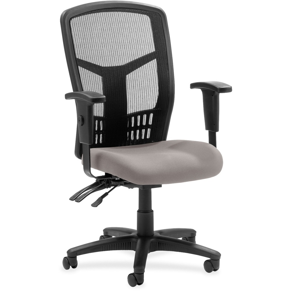LLR86200071 - Executive High-back Mesh Chair cradles you during a hard day at work with a breathable mesh back and upholstered seat. The ergonomic mesh back supports the natural curvature of your back for less strain during work at the computer or meetings at your desk. Multifunction control adjusts seat and back angles independently with two levers for infinite locking within a fixed range. For more individualized comfort, arms adjust in height and width, and the seat height from floor adjusts from 17" to 21". High-back chair also swivels 360 degrees and tilts with the pivot point located directly above the center of the chair base. Five-star nylon base is equipped with smooth-rolling casters for easily moving the chair where needed. Weight capacity is 275 lb. High-back chair is available in black frame only and meets the CA117 fire-retardant standard.