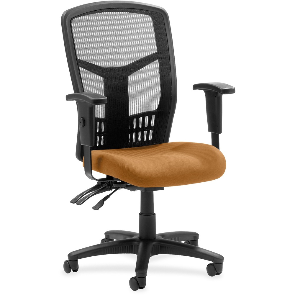 LLR86200073 - Executive High-back Mesh Chair cradles you during a hard day at work with a breathable mesh back and upholstered seat. The ergonomic mesh back supports the natural curvature of your back for less strain during work at the computer or meetings at your desk. Multifunction control adjusts seat and back angles independently with two levers for infinite locking within a fixed range. For more individualized comfort, arms adjust in height and width, and the seat height from floor adjusts from 17" to 21". High-back chair also swivels 360 degrees and tilts with the pivot point located directly above the center of the chair base. Five-star nylon base is equipped with smooth-rolling casters for easily moving the chair where needed. Weight capacity is 275 lb. High-back chair is available in black frame only and meets the CA117 fire-retardant standard.