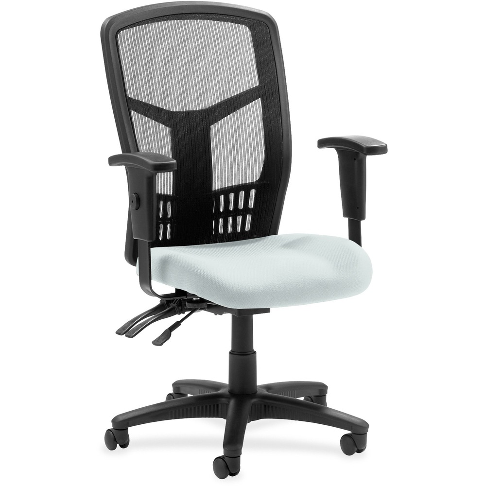 LLR86200102 - Executive High-back Mesh Chair cradles you during a hard day at work with a breathable mesh back and vinyl-upholstered seat. The ergonomic mesh back supports the natural curvature of your back for less strain during work at the computer or meetings at your desk. Multifunction control adjusts seat and back angles independently with two levers for infinite locking within a fixed range. For more individualized comfort, arms adjust in height and width, and the seat height from floor adjusts from 17" to 21". High-back chair also swivels 360 degrees and tilts with the pivot point located directly above the center of the chair base. Five-star nylon base is equipped with smooth-rolling casters for easily moving the chair where needed. Weight capacity is 275 lb. High-back chair is available in black frame only and meets the CA117 fire-retardant standard.