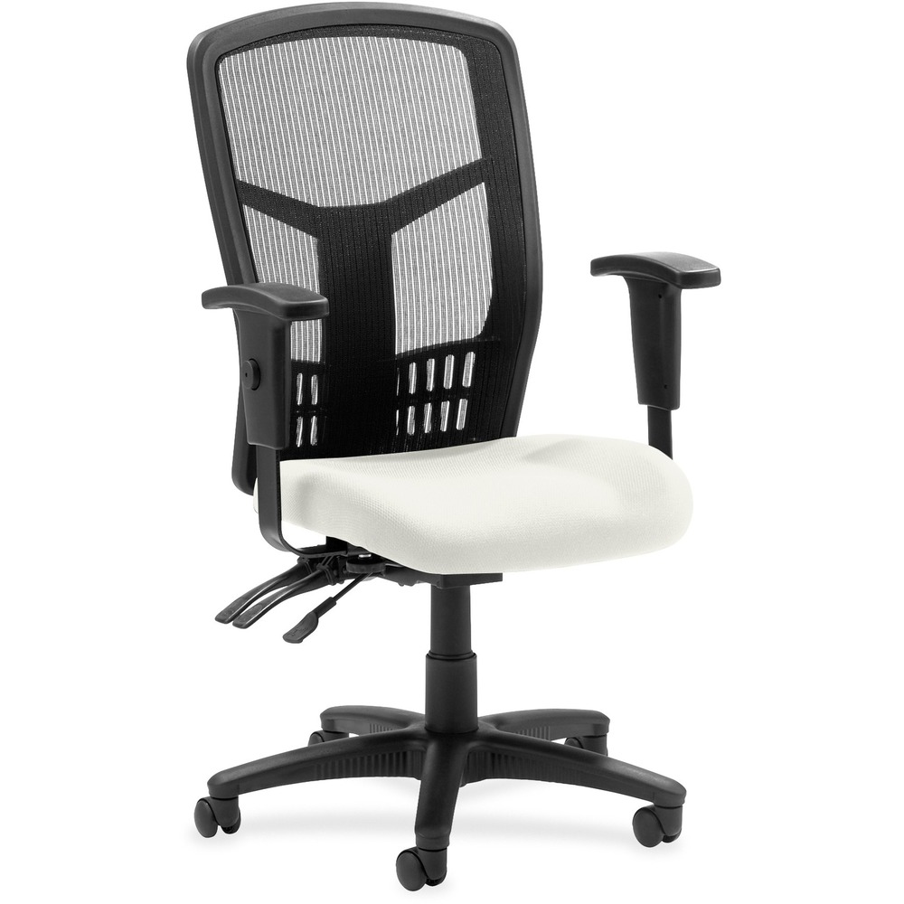 LLR86200103 - Executive High-back Mesh Chair cradles you during a hard day at work with a breathable mesh back and vinyl-upholstered seat. The ergonomic mesh back supports the natural curvature of your back for less strain during work at the computer or meetings at your desk. Multifunction control adjusts seat and back angles independently with two levers for infinite locking within a fixed range. For more individualized comfort, arms adjust in height and width, and the seat height from floor adjusts from 17" to 21". High-back chair also swivels 360 degrees and tilts with the pivot point located directly above the center of the chair base. Five-star nylon base is equipped with smooth-rolling casters for easily moving the chair where needed. Weight capacity is 275 lb. High-back chair is available in black frame only and meets the CA117 fire-retardant standard.