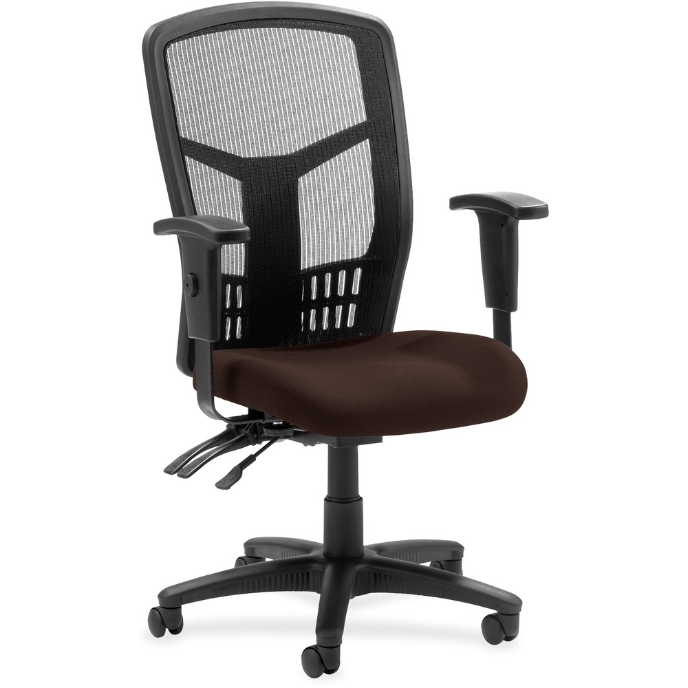 LLR86200105 - Executive High-back Mesh Chair cradles you during a hard day at work with a breathable mesh back and vinyl-upholstered seat. The ergonomic mesh back supports the natural curvature of your back for less strain during work at the computer or meetings at your desk. Multifunction control adjusts seat and back angles independently with two levers for infinite locking within a fixed range. For more individualized comfort, arms adjust in height and width, and the seat height from floor adjusts from 17" to 21". High-back chair also swivels 360 degrees and tilts with the pivot point located directly above the center of the chair base. Five-star nylon base is equipped with smooth-rolling casters for easily moving the chair where needed. Weight capacity is 275 lb. High-back chair is available in black frame only and meets the CA117 fire-retardant standard.