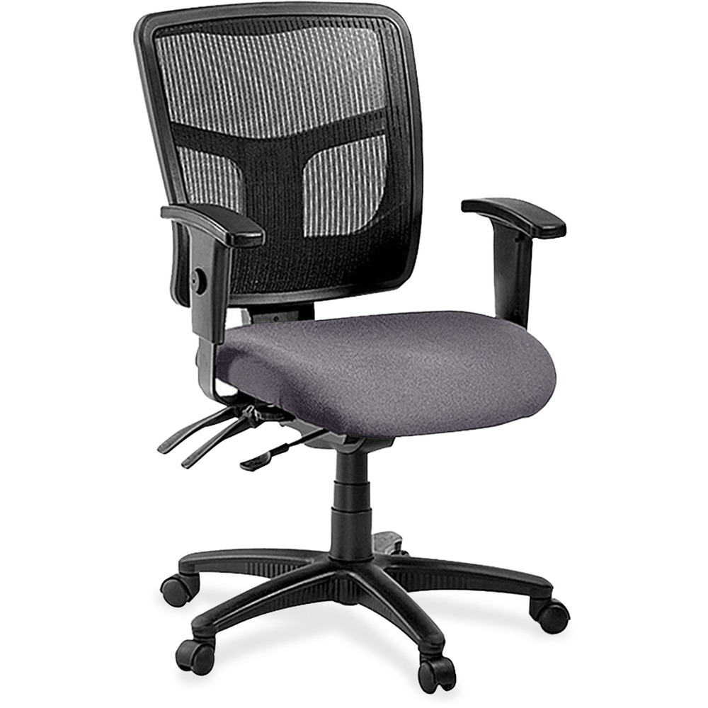 LLR86201101 - Managerial mid-back chair features a mesh back for conforming comfort. Ergonomic mid-back matches the natural curvature of a person's back. Arms adjust in height and width. Mid-back chair also offers a five-star nylon base, pneumatic seat-height adjustment (17" to 20-9/10" high from the floor), 360-degree swivel, back-height adjustment, tilt and asynchronous three-lever control. Frame is available in black only. Chair meets the CA117 fire-retardant standard and offers an abrasion rating of 60,000 double rubs (ASTM-D-4175).