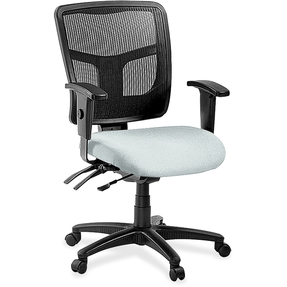 LLR86201102 - Managerial mid-back chair features a mesh back for conforming comfort. Ergonomic mid-back matches the natural curvature of a person's back. Arms adjust in height and width. Mid-back chair also offers a five-star nylon base, pneumatic seat-height adjustment (17" to 20-9/10" high from the floor), 360-degree swivel, back-height adjustment, tilt and asynchronous three-lever control. Frame is available in black only. Chair meets the CA117 fire-retardant standard and offers an abrasion rating of 60,000 double rubs (ASTM-D-4175).