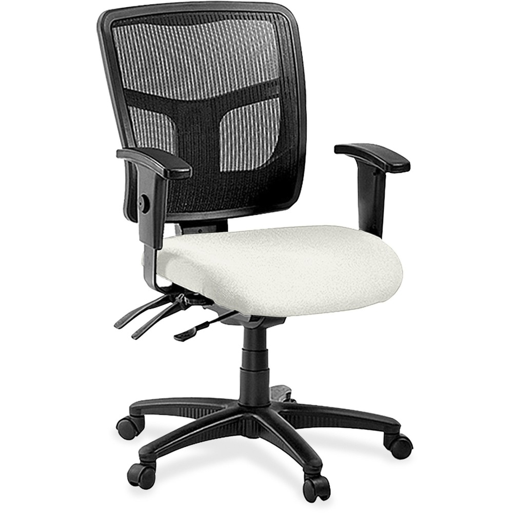 LLR86201103 - Managerial mid-back chair features a mesh back for conforming comfort. Ergonomic mid-back matches the natural curvature of a person's back. Arms adjust in height and width. Mid-back chair also offers a five-star nylon base, pneumatic seat-height adjustment (17" to 20-9/10" high from the floor), 360-degree swivel, back-height adjustment, tilt and asynchronous three-lever control. Frame is available in black only. Chair meets the CA117 fire-retardant standard and offers an abrasion rating of 60,000 double rubs (ASTM-D-4175).