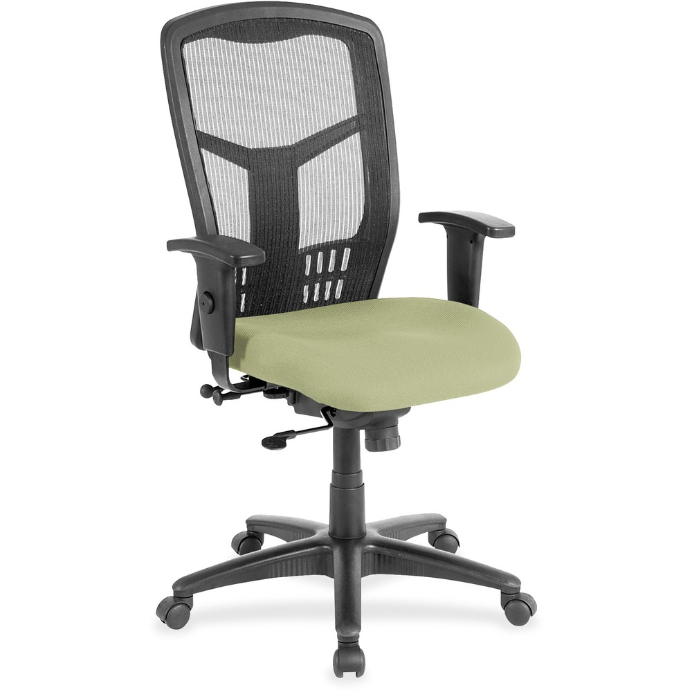 LLR86205069 - Executive High-back Swivel Chair cradles you during a hard day at work. Ergonomic mesh back supports the natural curvature of your back for less strain during work at the computer or meetings at your desk. Synchronized control tilt reclines the back at a 2-to-1 ratio to the seat angle so you can find the perfect position and relax. Adjust the seat at the depth you need with the seat-glide mechanism. It allows the cushioned, upholstered seat to travel forward, back and lock into your preferred position. Arms with polyurethane padding adjust in height and width. Other functions include pneumatic seat-height adjustment from 18" to 21-1/2" , 360-degree swivel and tilt tension. Five-star nylon base is equipped with smooth-rolling casters for easily moving the chair where needed. Weight capacity is 275 lb. High-back chair meets the CA117 fire-retardant standard.