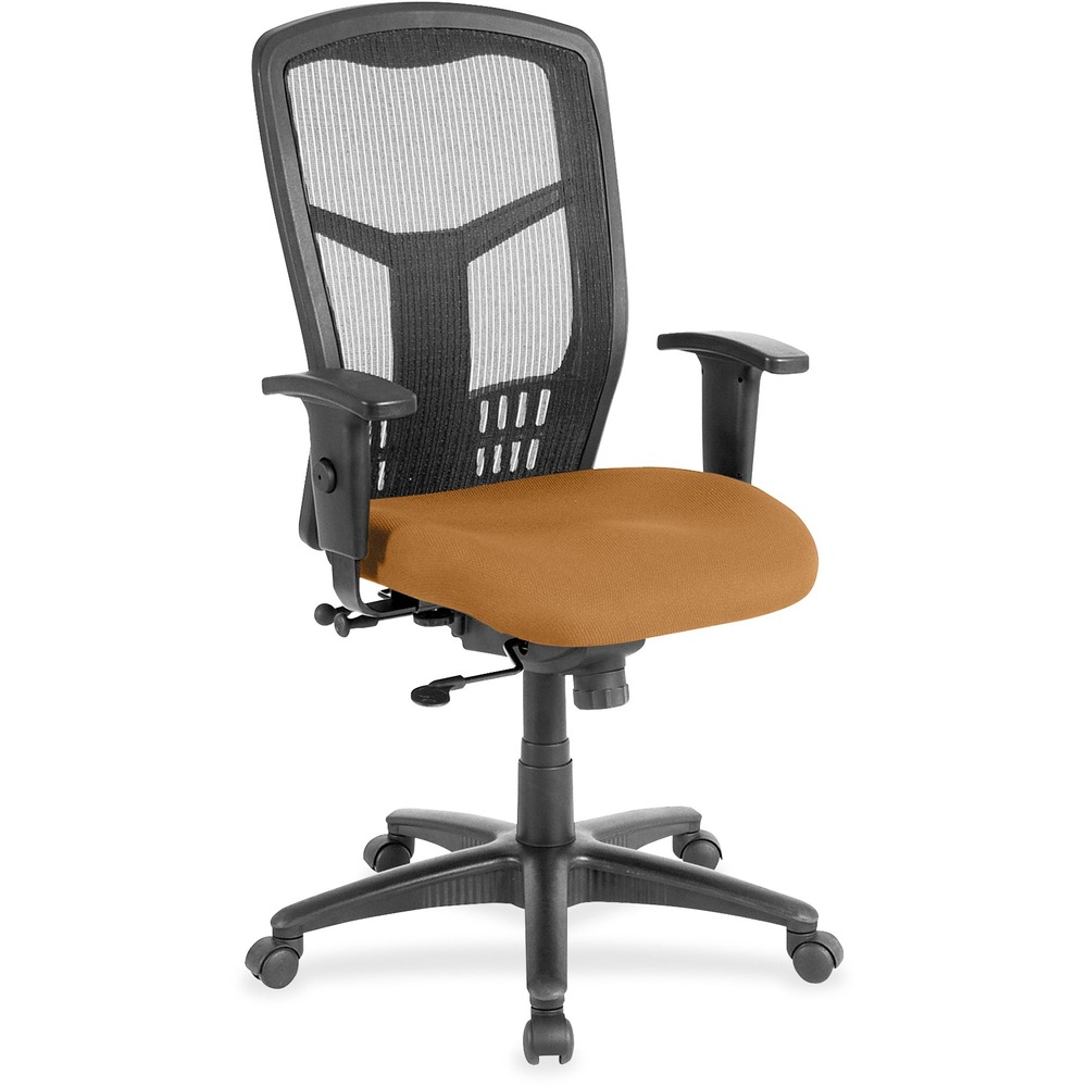 LLR86205073 - Executive High-back Swivel Chair cradles you during a hard day at work. Ergonomic mesh back supports the natural curvature of your back for less strain during work at the computer or meetings at your desk. Synchronized control tilt reclines the back at a 2-to-1 ratio to the seat angle so you can find the perfect position and relax. Adjust the seat at the depth you need with the seat-glide mechanism. It allows the cushioned, upholstered seat to travel forward, back and lock into your preferred position. Arms with polyurethane padding adjust in height and width. Other functions include pneumatic seat-height adjustment from 18" to 21-1/2" , 360-degree swivel and tilt tension. Five-star nylon base is equipped with smooth-rolling casters for easily moving the chair where needed. Weight capacity is 275 lb. High-back chair meets the CA117 fire-retardant standard.