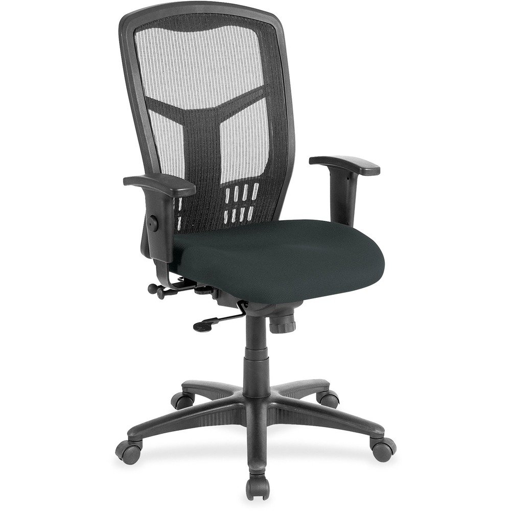 LLR86205076 - Executive High-back Swivel Chair cradles you during a hard day at work. Ergonomic mesh back supports the natural curvature of your back for less strain during work at the computer or meetings at your desk. Synchronized control tilt reclines the back at a 2-to-1 ratio to the seat angle so you can find the perfect position and relax. Adjust the seat at the depth you need with the seat-glide mechanism. It allows the cushioned, upholstered seat to travel forward, back and lock into your preferred position. Arms with polyurethane padding adjust in height and width. Other functions include pneumatic seat-height adjustment from 18" to 21-1/2" , 360-degree swivel and tilt tension. Five-star nylon base is equipped with smooth-rolling casters for easily moving the chair where needed. Weight capacity is 275 lb. High-back chair meets the CA117 fire-retardant standard.