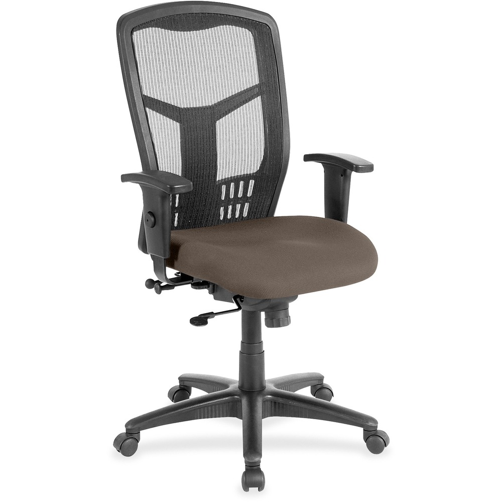 LLR86205077 - Executive High-back Swivel Chair cradles you during a hard day at work. Ergonomic mesh back supports the natural curvature of your back for less strain during work at the computer or meetings at your desk. Synchronized control tilt reclines the back at a 2-to-1 ratio to the seat angle so you can find the perfect position and relax. Adjust the seat at the depth you need with the seat-glide mechanism. It allows the cushioned, upholstered seat to travel forward, back and lock into your preferred position. Arms with polyurethane padding adjust in height and width. Other functions include pneumatic seat-height adjustment from 18" to 21-1/2" , 360-degree swivel and tilt tension. Five-star nylon base is equipped with smooth-rolling casters for easily moving the chair where needed. Weight capacity is 275 lb. High-back chair meets the CA117 fire-retardant standard.
