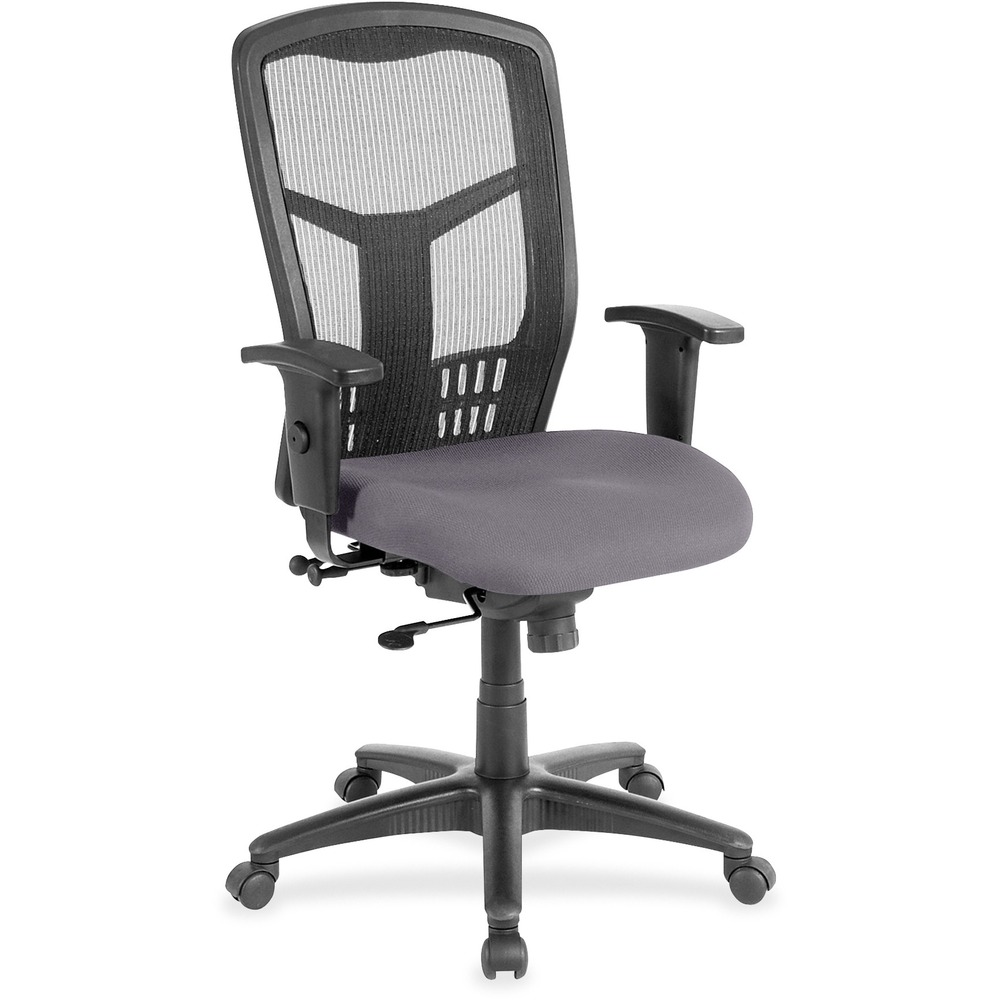 LLR86205101 - Executive High-back Swivel Chair cradles you during a hard day at work. Ergonomic mesh back supports the natural curvature of your back for less strain during work at the computer or meetings at your desk. Synchronized control tilt reclines the back at a 2-to-1 ratio to the seat angle so you can find the perfect position and relax. Adjust the seat at the depth you need with the seat-glide mechanism. It allows the cushioned, vinyl-upholstered seat to travel forward, back and lock into your preferred position. Arms with polyurethane padding adjust in height and width. Other functions include pneumatic seat-height adjustment from 18" to 21-1/2" , 360-degree swivel and tilt tension. Five-star nylon base is equipped with smooth-rolling casters for easily moving the chair where needed. Weight capacity is 275 lb. High-back chair meets the CA117 fire-retardant standard.