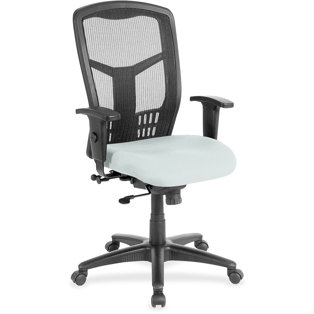 LLR86205102 - Executive High-back Swivel Chair cradles you during a hard day at work. Ergonomic mesh back supports the natural curvature of your back for less strain during work at the computer or meetings at your desk. Synchronized control tilt reclines the back at a 2-to-1 ratio to the seat angle so you can find the perfect position and relax. Adjust the seat at the depth you need with the seat-glide mechanism. It allows the cushioned, vinyl-upholstered seat to travel forward, back and lock into your preferred position. Arms with polyurethane padding adjust in height and width. Other functions include pneumatic seat-height adjustment from 18" to 21-1/2" , 360-degree swivel and tilt tension. Five-star nylon base is equipped with smooth-rolling casters for easily moving the chair where needed. Weight capacity is 275 lb. High-back chair meets the CA117 fire-retardant standard.