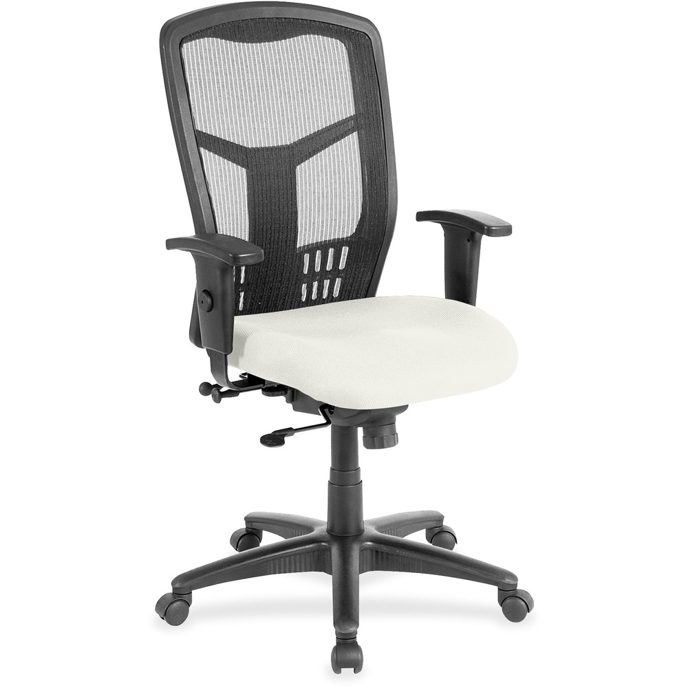LLR86205103 - Executive High-back Swivel Chair cradles you during a hard day at work. Ergonomic mesh back supports the natural curvature of your back for less strain during work at the computer or meetings at your desk. Synchronized control tilt reclines the back at a 2-to-1 ratio to the seat angle so you can find the perfect position and relax. Adjust the seat at the depth you need with the seat-glide mechanism. It allows the cushioned, vinyl-upholstered seat to travel forward, back and lock into your preferred position. Arms with polyurethane padding adjust in height and width. Other functions include pneumatic seat-height adjustment from 18" to 21-1/2" , 360-degree swivel and tilt tension. Five-star nylon base is equipped with smooth-rolling casters for easily moving the chair where needed. Weight capacity is 275 lb. High-back chair meets the CA117 fire-retardant standard.