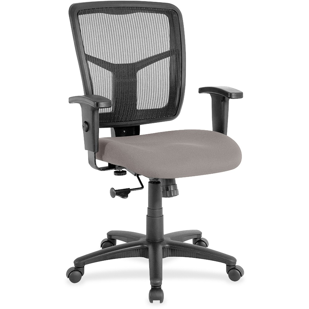 LLR86209071 - Managerial mid-back chair features a breathable mesh back chair and upholstered seat. Mesh upholstery is made of high-strength elastic nylon. Ergonomically designed mid-back matches the natural curvature of a person's back. Arms adjust in height (25" to 28-7/10") and in width (24" to 26"). Functions include pneumatic seat-height adjustment (17-7/10" to 21" high from the floor), 360-degree swivel and swivel tilt mechanism. Black frame has five-star, reinforced nylon base (25" diameter) with casters for easy mobility. Seat size is 20" wide x 18-7/10" depth. Back measures 20" wide (at the widest portion) x 19-7/10" high. Weight capacity is 250 lb. Chair meets the CA117 fire-retardant standard.