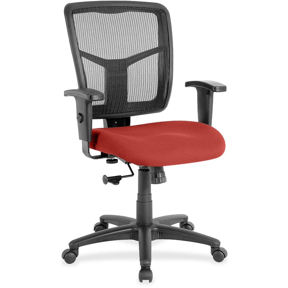 LLR86209075 - Managerial mid-back chair features a breathable mesh back chair and upholstered seat. Mesh upholstery is made of high-strength elastic nylon. Ergonomically designed mid-back matches the natural curvature of a person's back. Arms adjust in height (25" to 28-7/10") and in width (24" to 26"). Functions include pneumatic seat-height adjustment (17-7/10" to 21" high from the floor), 360-degree swivel and swivel tilt mechanism. Black frame has five-star, reinforced nylon base (25" diameter) with casters for easy mobility. Seat size is 20" wide x 18-7/10" depth. Back measures 20" wide (at the widest portion) x 19-7/10" high. Weight capacity is 250 lb. Chair meets the CA117 fire-retardant standard.