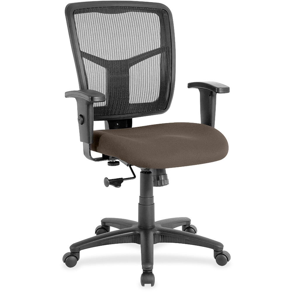 LLR86209077 - Managerial mid-back chair features a breathable mesh back chair and upholstered seat. Mesh upholstery is made of high-strength elastic nylon. Ergonomically designed mid-back matches the natural curvature of a person's back. Arms adjust in height (25" to 28-7/10") and in width (24" to 26"). Functions include pneumatic seat-height adjustment (17-7/10" to 21" high from the floor), 360-degree swivel and swivel tilt mechanism. Black frame has five-star, reinforced nylon base (25" diameter) with casters for easy mobility. Seat size is 20" wide x 18-7/10" depth. Back measures 20" wide (at the widest portion) x 19-7/10" high. Weight capacity is 250 lb. Chair meets the CA117 fire-retardant standard.