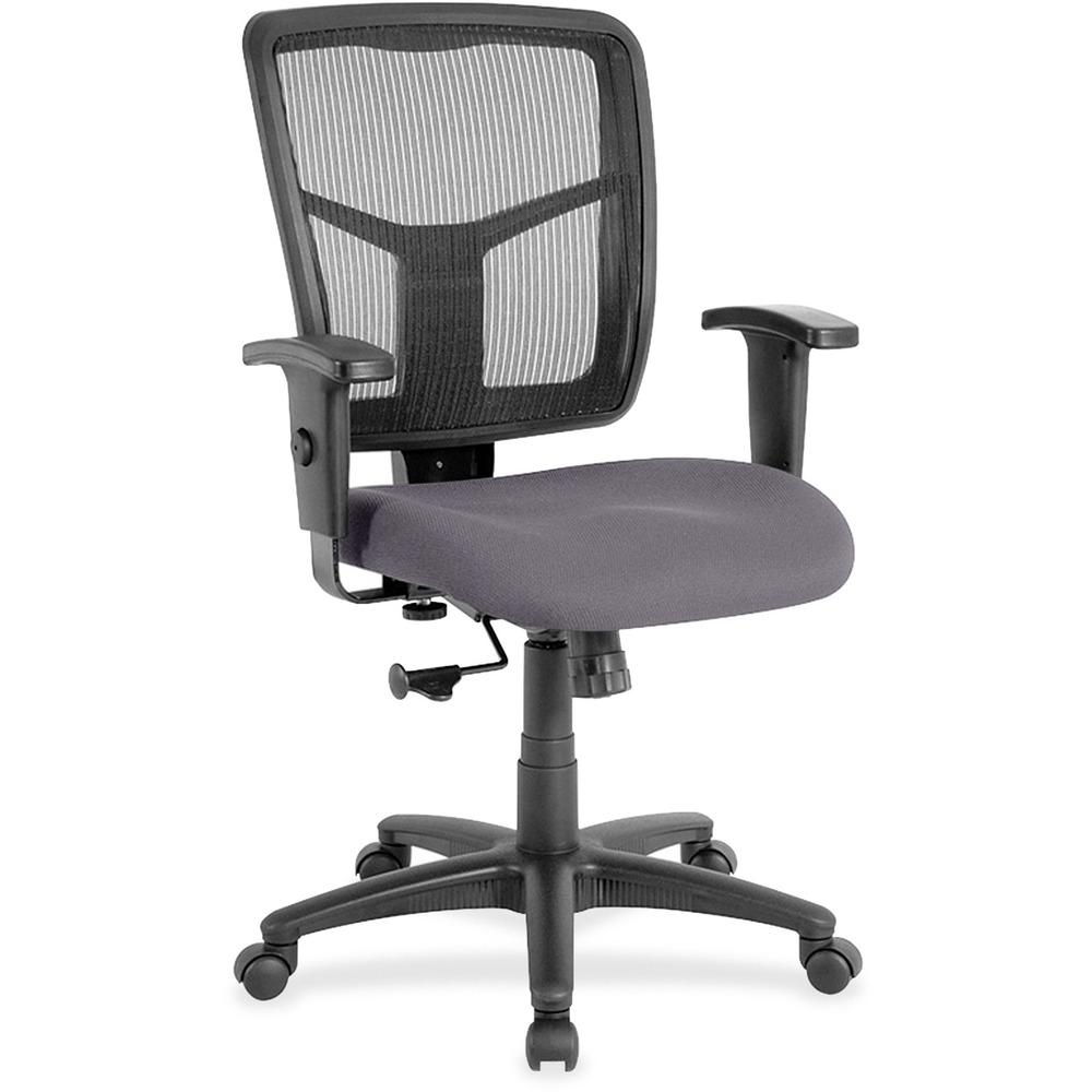 LLR86209101 - Managerial mid-back chair features a breathable mesh back chair and vinyl-upholstered seat. Mesh upholstery is made of high-strength elastic nylon. Ergonomically designed mid-back matches the natural curvature of a person's back. Arms adjust in height (25" to 28-7/10") and in width (24" to 26"). Functions include pneumatic seat-height adjustment (17-7/10" to 21" high from the floor), 360-degree swivel and swivel tilt mechanism. Black frame has five-star, reinforced nylon base (25" diameter) with casters for easy mobility. Seat size is 20" wide x 18-7/10" depth. Back measures 20" wide (at the widest portion) x 19-7/10" high. Weight capacity is 250 lb. Chair meets the CA117 fire-retardant standard.