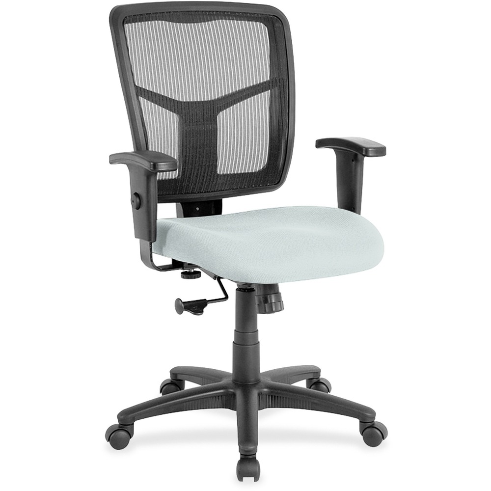 LLR86209102 - Managerial mid-back chair features a breathable mesh back chair and vinyl-upholstered seat. Mesh upholstery is made of high-strength elastic nylon. Ergonomically designed mid-back matches the natural curvature of a person's back. Arms adjust in height (25" to 28-7/10") and in width (24" to 26"). Functions include pneumatic seat-height adjustment (17-7/10" to 21" high from the floor), 360-degree swivel and swivel tilt mechanism. Black frame has five-star, reinforced nylon base (25" diameter) with casters for easy mobility. Seat size is 20" wide x 18-7/10" depth. Back measures 20" wide (at the widest portion) x 19-7/10" high. Weight capacity is 250 lb. Chair meets the CA117 fire-retardant standard.