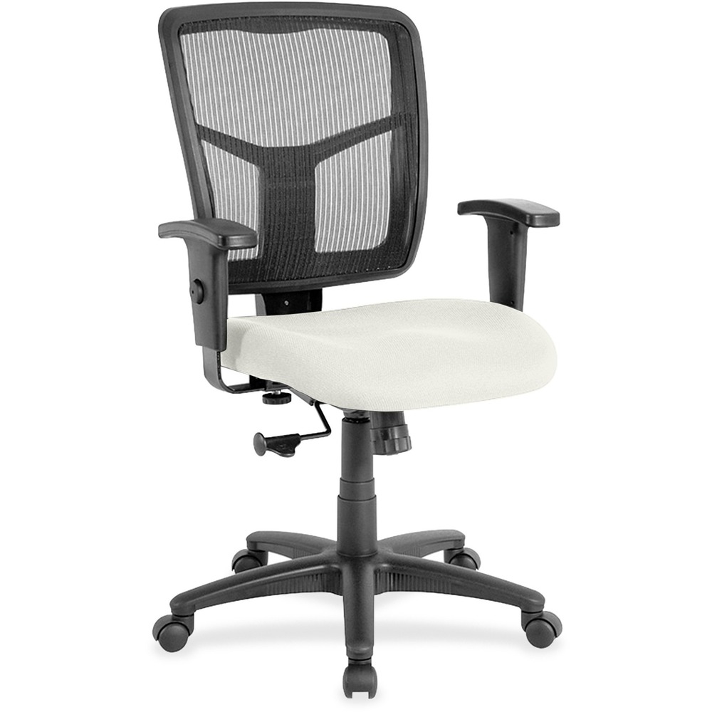 LLR86209103 - Managerial mid-back chair features a breathable mesh back chair and vinyl-upholstered seat. Mesh upholstery is made of high-strength elastic nylon. Ergonomically designed mid-back matches the natural curvature of a person's back. Arms adjust in height (25" to 28-7/10") and in width (24" to 26"). Functions include pneumatic seat-height adjustment (17-7/10" to 21" high from the floor), 360-degree swivel and swivel tilt mechanism. Black frame has five-star, reinforced nylon base (25" diameter) with casters for easy mobility. Seat size is 20" wide x 18-7/10" depth. Back measures 20" wide (at the widest portion) x 19-7/10" high. Weight capacity is 250 lb. Chair meets the CA117 fire-retardant standard.