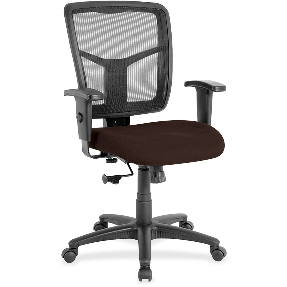 LLR86209105 - Managerial mid-back chair features a breathable mesh back chair and vinyl-upholstered seat. Mesh upholstery is made of high-strength elastic nylon. Ergonomically designed mid-back matches the natural curvature of a person's back. Arms adjust in height (25" to 28-7/10") and in width (24" to 26"). Functions include pneumatic seat-height adjustment (17-7/10" to 21" high from the floor), 360-degree swivel and swivel tilt mechanism. Black frame has five-star, reinforced nylon base (25" diameter) with casters for easy mobility. Seat size is 20" wide x 18-7/10" depth. Back measures 20" wide (at the widest portion) x 19-7/10" high. Weight capacity is 250 lb. Chair meets the CA117 fire-retardant standard.