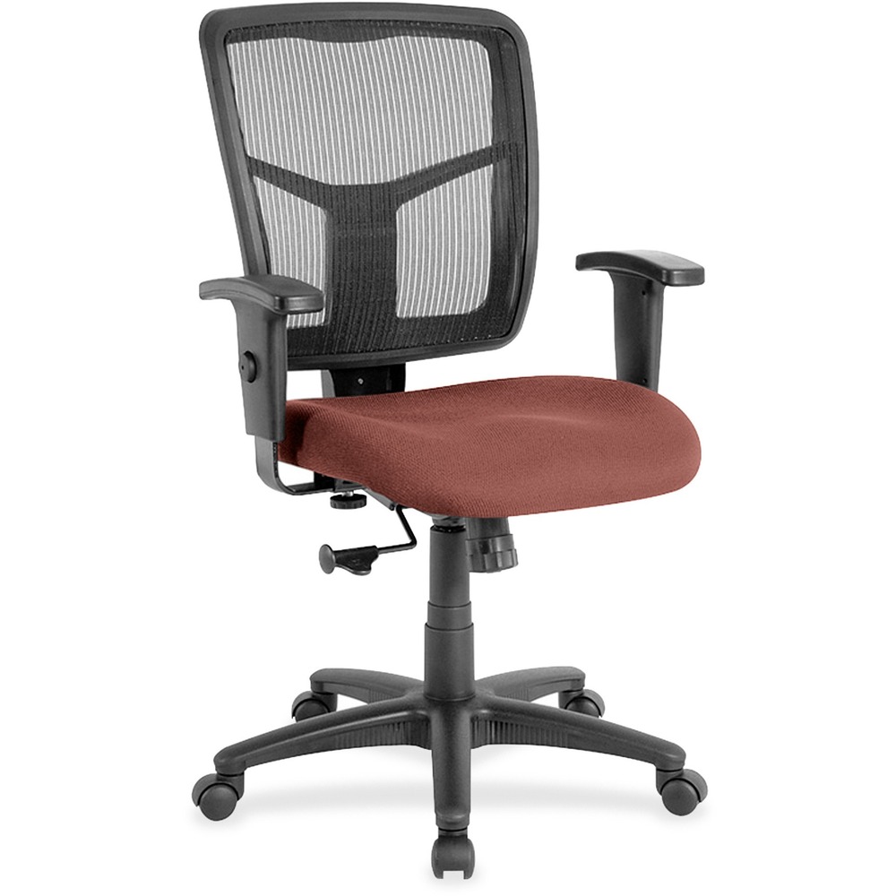 LLR86209106 - Managerial mid-back chair features a breathable mesh back chair and vinyl-upholstered seat. Mesh upholstery is made of high-strength elastic nylon. Ergonomically designed mid-back matches the natural curvature of a person's back. Arms adjust in height (25" to 28-7/10") and in width (24" to 26"). Functions include pneumatic seat-height adjustment (17-7/10" to 21" high from the floor), 360-degree swivel and swivel tilt mechanism. Black frame has five-star, reinforced nylon base (25" diameter) with casters for easy mobility. Seat size is 20" wide x 18-7/10" depth. Back measures 20" wide (at the widest portion) x 19-7/10" high. Weight capacity is 250 lb. Chair meets the CA117 fire-retardant standard.