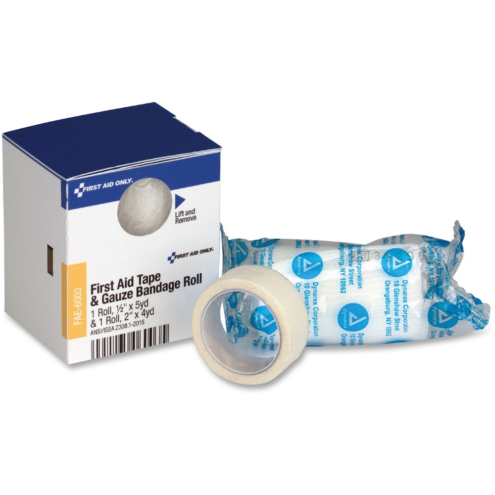 FAOFAE6003 - First aid tape and conforming gauze are part of the innovative SmartCompliance Program that redefines business first aid. SmartCompliance refills make it easy to identify what you need in your first aid cabinet so you are always prepared and have a full kit. This refill includes a 1/2" x 5 yards of First Aid Tape and 2" conforming gauze. The roll of flexible, soft gauze holds sterile dressings in place and won't cling to hair or skin. Soft and absorbent, the gauze can hold dressing on wounds yet provide flexibility for movement if needed. Each roll contains approximately 4 yards of conforming gauze and the 2" width helps cover wounds quickly.