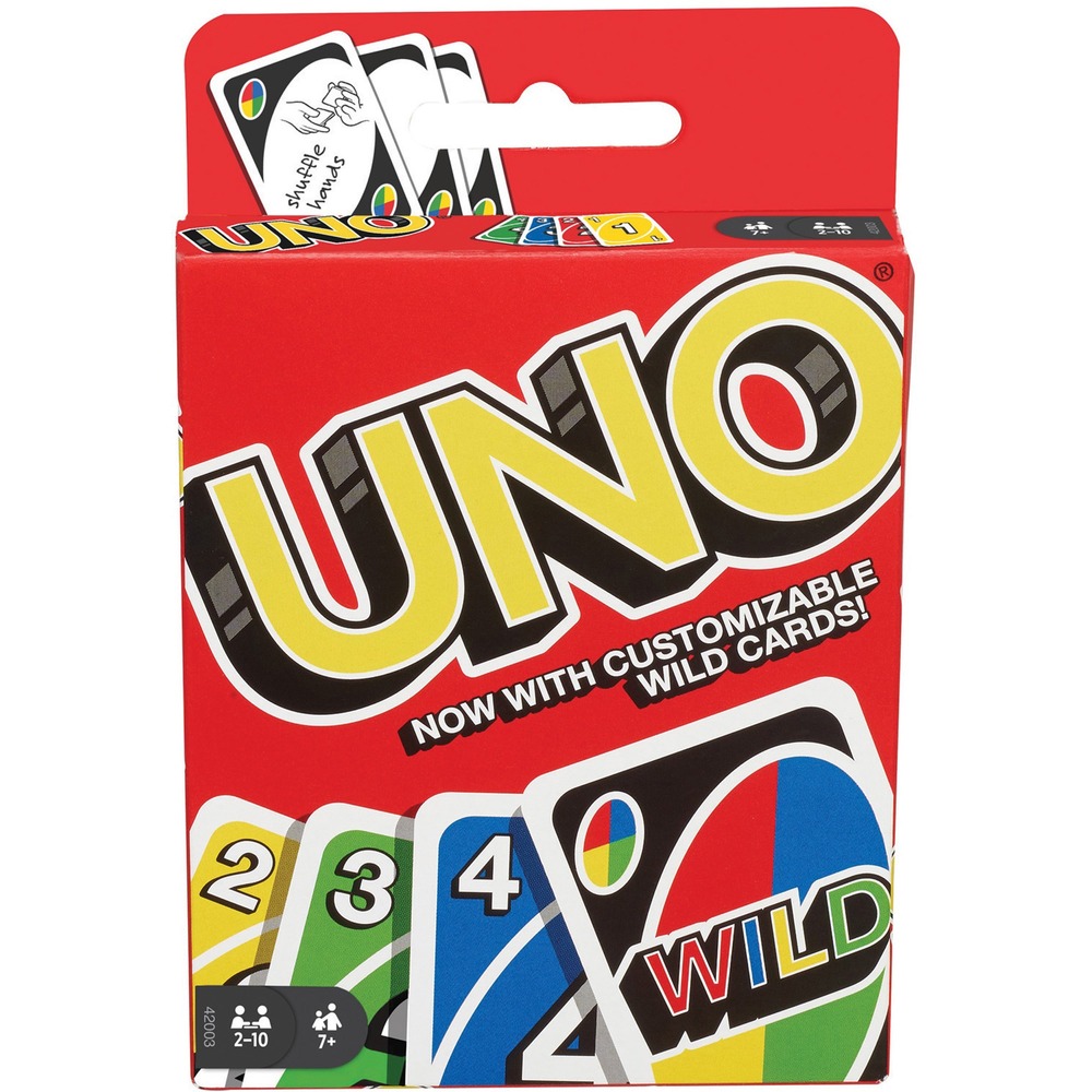 MTT42003 - UNO is the classic and beloved card game that's easy to pick up and impossible to put down. Players take turns matching a card in their hand with the current card shown on top of the deck by either color or number. Special action cards deliver game-changing moments as they each perform a function to help you defeat your opponents. If you can't make a match, you must draw from the central pile and when you're down to one card, don't forget to shout UNO. The first player to rid themselves of all the cards in their hand before their opponents wins. 108-card deck includes 25 cards each of red, green, blue and yellow, plus the eight Wild cards. Card game requires 2 to 10 players. UNO is designed for ages 7 and above.