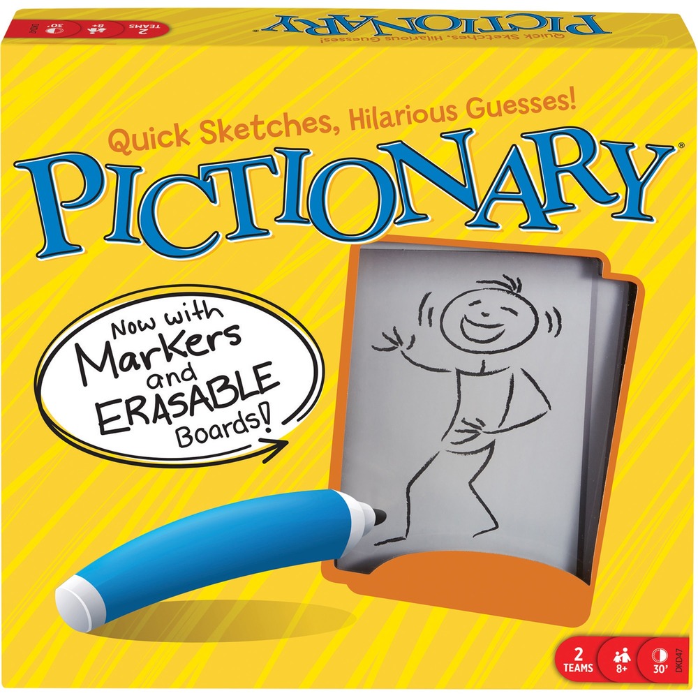 MTTDKD47 - Count on big laughs when you and your friends get together to find out who's an artist and who really isn't with Pictionary. In this quick-draw classic, the guesses can be just as hilarious as the sketches, making it the perfect way to get the party started. Game includes two erasable markers, boards for drawing and an updated Pop Culture category of clues. Game requires two teams and is designed for children ages 8 and above.