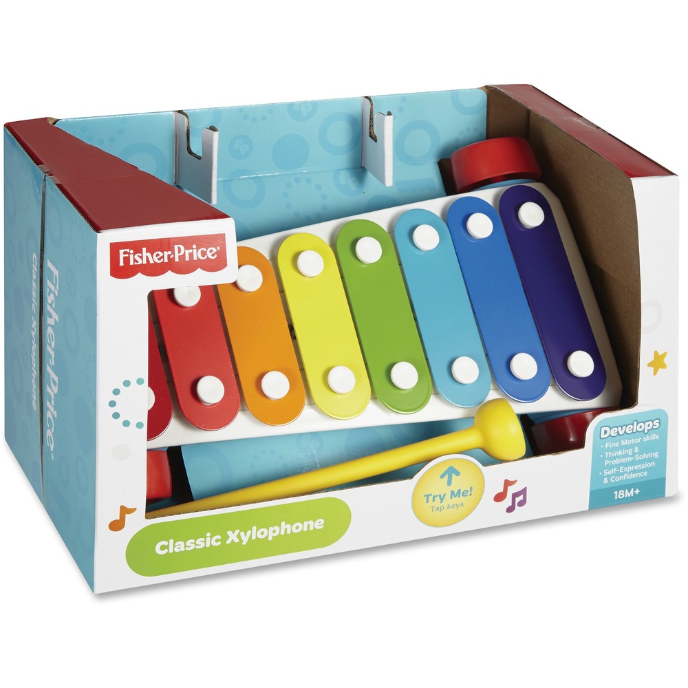 FIPCMY09 - Classic Xylophone pull toy features a sleek look and eight colorful keys to encourage early music-making creativity, helping young ones develop a sense of accomplishment. As their musical abilities grow, little ones can follow the colors to create a real song. The plastic mallet is attached so it never gets lost. Wheels and pull string let toddlers take and make music wherever they go. Bright colors and sounds stimulate baby's senses. Action/reaction activity fosters understanding of cause and effect as baby discovers how to create music with the mallet and metal keys, or by pushing or pulling it along. Grasping the mallet and striking the keys enhance fine-motor skills and eye-hand coordination. Xylophone is recommended for children ages 18 months and up.