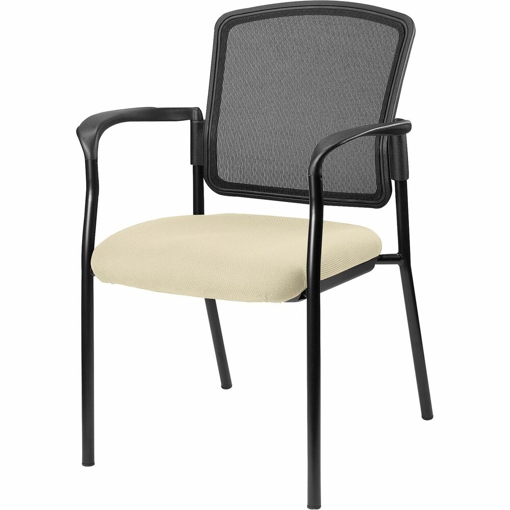 LLR23100007 - Inviting guest chair features a breathable mesh back and cushioned seat upholstered for comfortable seating in your waiting room or office. Chair is stackable up to four high for convenient, short-term or long-term storage. Black steel frame is powder-coated for durability. Weight capacity is 275 lb. The 3.5" thick seat measures 18.1" wide x 18.9" deep x 18.9" high. Back size 17.9" wide x 2" thick x 16.9" high. Chair is Greenguard compliant.