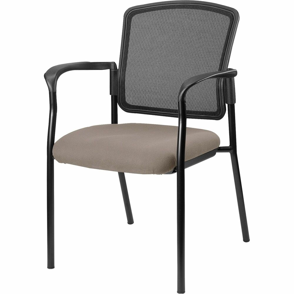 LLR23100008 - Inviting guest chair features a breathable mesh back and cushioned seat upholstered for comfortable seating in your waiting room or office. Chair is stackable up to four high for convenient, short-term or long-term storage. Black steel frame is powder-coated for durability. Weight capacity is 275 lb. The 3.5" thick seat measures 18.1" wide x 18.9" deep x 18.9" high. Back size 17.9" wide x 2" thick x 16.9" high. Chair is Greenguard compliant.