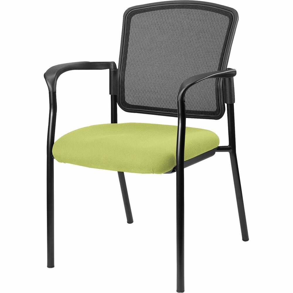 LLR23100009 - Inviting guest chair features a breathable mesh back and cushioned seat upholstered for comfortable seating in your waiting room or office. Chair is stackable up to four high for convenient, short-term or long-term storage. Black steel frame is powder-coated for durability. Weight capacity is 275 lb. The 3.5" thick seat measures 18.1" wide x 18.9" deep x 18.9" high. Back size 17.9" wide x 2" thick x 16.9" high. Chair is Greenguard compliant.