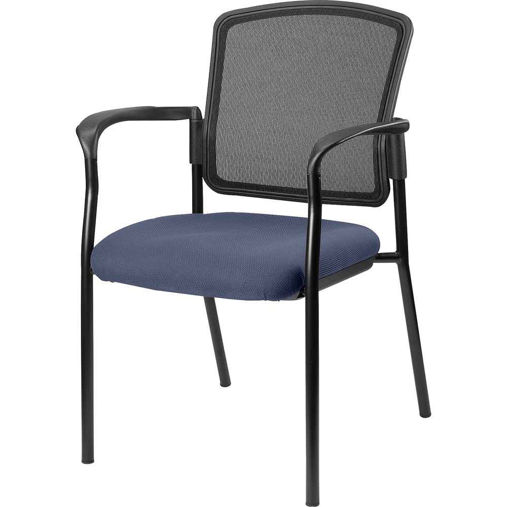 LLR23100010 - Inviting guest chair features a breathable mesh back and cushioned seat upholstered for comfortable seating in your waiting room or office. Chair is stackable up to four high for convenient, short-term or long-term storage. Black steel frame is powder-coated for durability. Weight capacity is 275 lb. The 3.5" thick seat measures 18.1" wide x 18.9" deep x 18.9" high. Back size 17.9" wide x 2" thick x 16.9" high. Chair is Greenguard compliant.