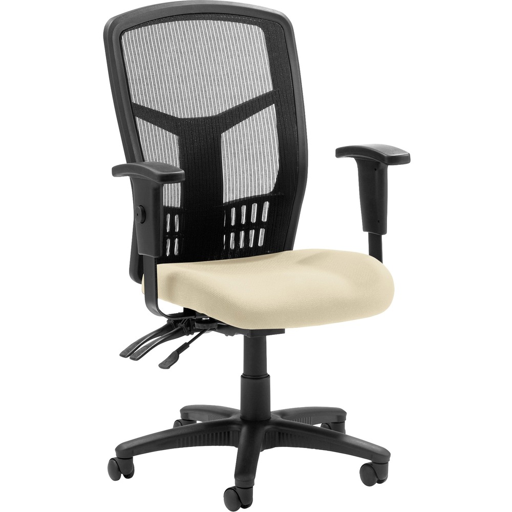 LLR86200007 - Executive High-back Mesh Chair cradles you during a hard day at work with a breathable mesh back and upholstered seat. The ergonomic mesh back supports the natural curvature of your back for less strain during work at the computer or meetings at your desk. Multifunction control adjusts seat and back angles independently with two levers for infinite locking within a fixed range. For more individualized comfort, arms adjust in height and width, and the seat height from floor adjusts from 17" to 21". High-back chair also swivels 360 degrees and tilts with the pivot point located directly above the center of the chair base. Five-star nylon base is equipped with smooth-rolling casters for easily moving the chair where needed. Weight capacity is 275 lb. High-back chair is available in black frame only and meets the CA117 fire-retardant standard.