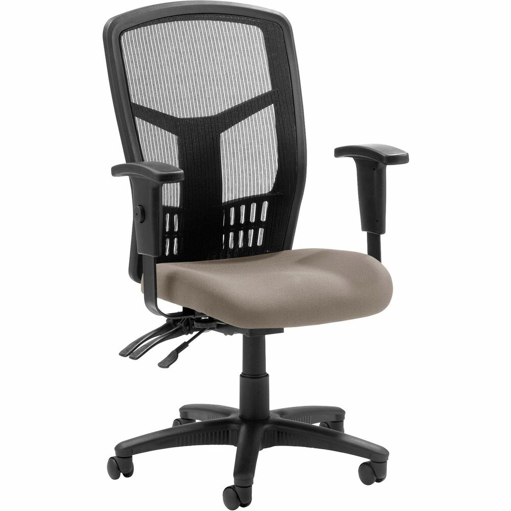LLR86200008 - Executive High-back Mesh Chair cradles you during a hard day at work with a breathable mesh back and upholstered seat. The ergonomic mesh back supports the natural curvature of your back for less strain during work at the computer or meetings at your desk. Multifunction control adjusts seat and back angles independently with two levers for infinite locking within a fixed range. For more individualized comfort, arms adjust in height and width, and the seat height from floor adjusts from 17" to 21". High-back chair also swivels 360 degrees and tilts with the pivot point located directly above the center of the chair base. Five-star nylon base is equipped with smooth-rolling casters for easily moving the chair where needed. Weight capacity is 275 lb. High-back chair is available in black frame only and meets the CA117 fire-retardant standard.