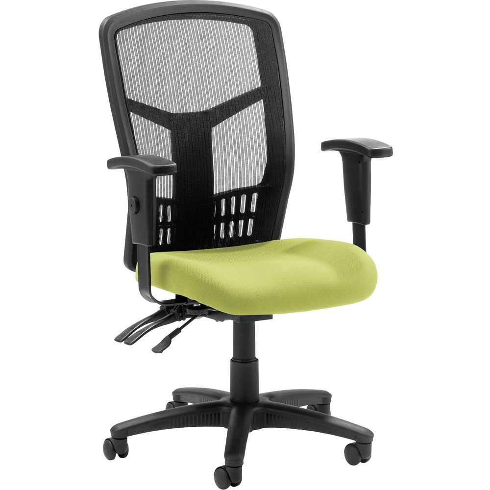 LLR86200009 - Executive High-back Mesh Chair cradles you during a hard day at work with a breathable mesh back and upholstered seat. The ergonomic mesh back supports the natural curvature of your back for less strain during work at the computer or meetings at your desk. Multifunction control adjusts seat and back angles independently with two levers for infinite locking within a fixed range. For more individualized comfort, arms adjust in height and width, and the seat height from floor adjusts from 17" to 21". High-back chair also swivels 360 degrees and tilts with the pivot point located directly above the center of the chair base. Five-star nylon base is equipped with smooth-rolling casters for easily moving the chair where needed. Weight capacity is 275 lb. High-back chair is available in black frame only and meets the CA117 fire-retardant standard.