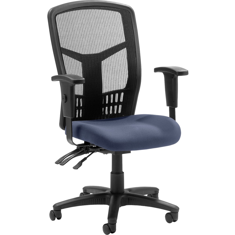 LLR86200010 - Executive High-back Mesh Chair cradles you during a hard day at work with a breathable mesh back and upholstered seat. The ergonomic mesh back supports the natural curvature of your back for less strain during work at the computer or meetings at your desk. Multifunction control adjusts seat and back angles independently with two levers for infinite locking within a fixed range. For more individualized comfort, arms adjust in height and width, and the seat height from floor adjusts from 17" to 21". High-back chair also swivels 360 degrees and tilts with the pivot point located directly above the center of the chair base. Five-star nylon base is equipped with smooth-rolling casters for easily moving the chair where needed. Weight capacity is 275 lb. High-back chair is available in black frame only and meets the CA117 fire-retardant standard.