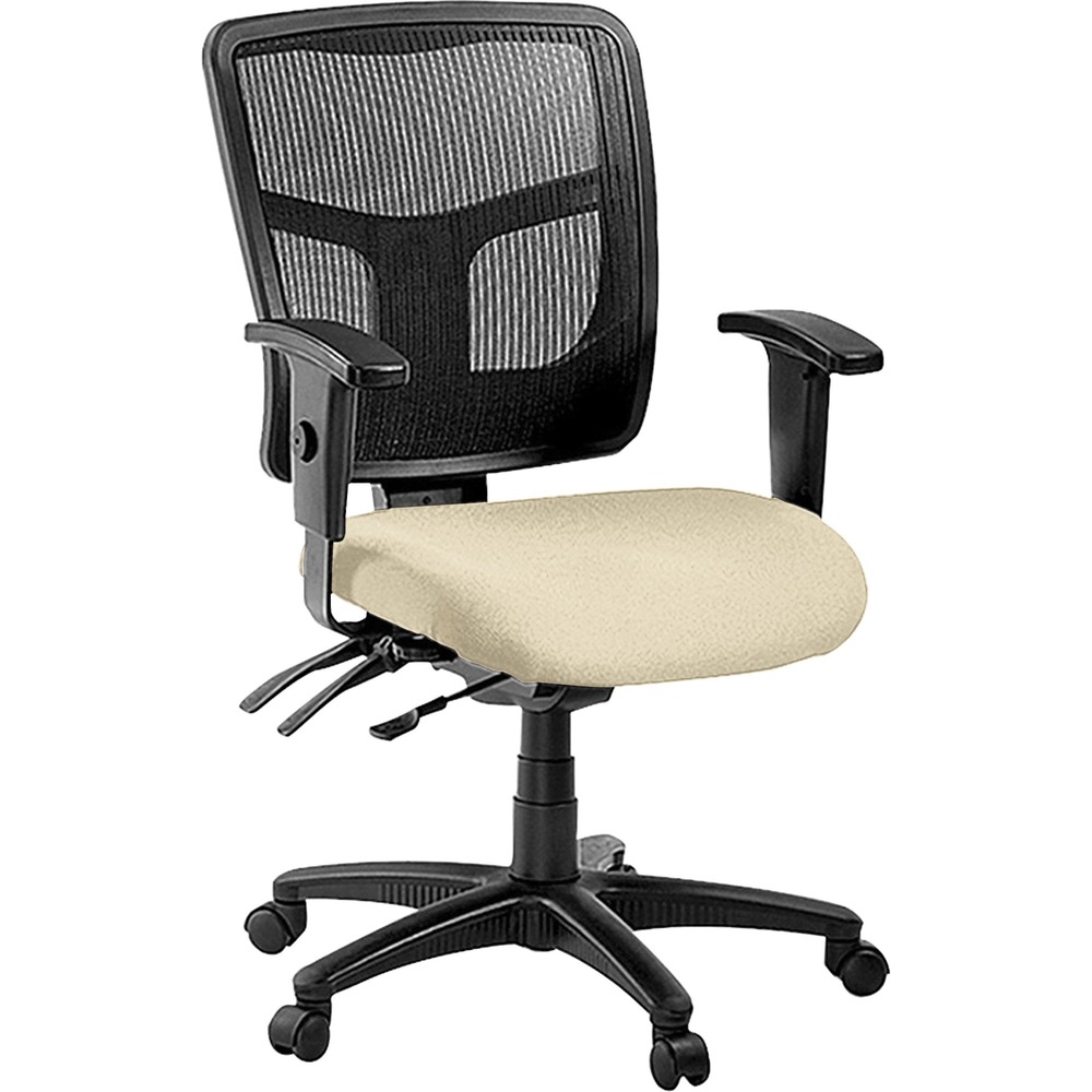LLR86201007 - Managerial mid-back chair features a mesh back and easy-to-clean, vinyl-upholstered seat. Ergonomically designed mid-back matches the natural curvature of a person's back. Arms adjust in height and width. Mid-back chair also offers a five-star nylon base, pneumatic seat-height adjustment (17" to 21" high from the floor), 360-degree swivel, back-height adjustment, tilt and asynchronous three-lever control. Frame is available in black only. Chair meets the CA117 fire-retardant standard and offers an abrasion rating of 60,000 double rubs (ASTM-D-4175).