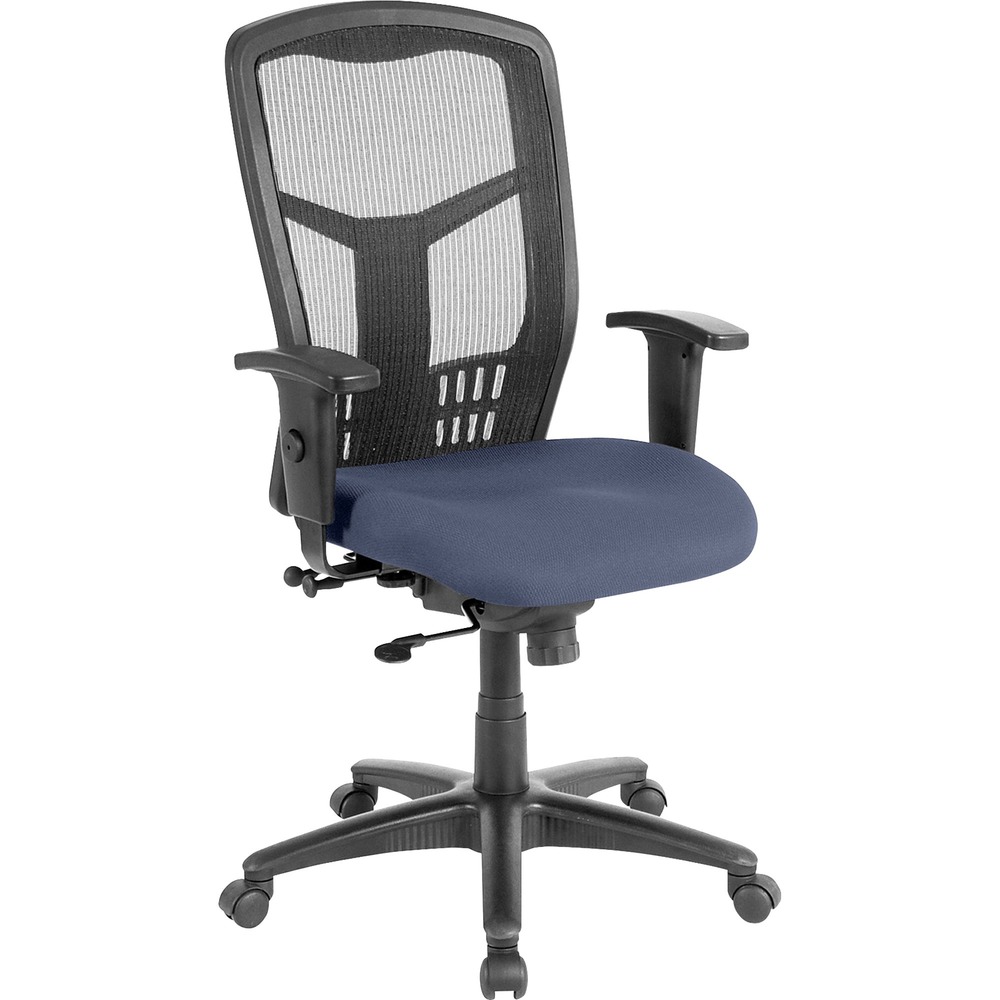 LLR86205010 - Executive High-back Swivel Chair cradles you during a hard day at work. Ergonomic mesh back supports the natural curvature of your back for less strain during work at the computer or meetings at your desk. Synchronized control tilt reclines the back at a 2-to-1 ratio to the seat angle so you can find the perfect position and relax. Adjust the seat at the depth you need with the seat-glide mechanism. It allows the cushioned seat upholstered in antimicrobial vinyl to travel forward, back and lock into your preferred position. Arms with polyurethane padding adjust in height and width. Other functions include pneumatic seat-height adjustment from 18" to 21-1/2" , 360-degree swivel and tilt tension. Five-star nylon base is equipped with smooth-rolling casters for easily moving the chair where needed. Weight capacity is 275 lb. High-back chair meets the CA117 fire-retardant standard.