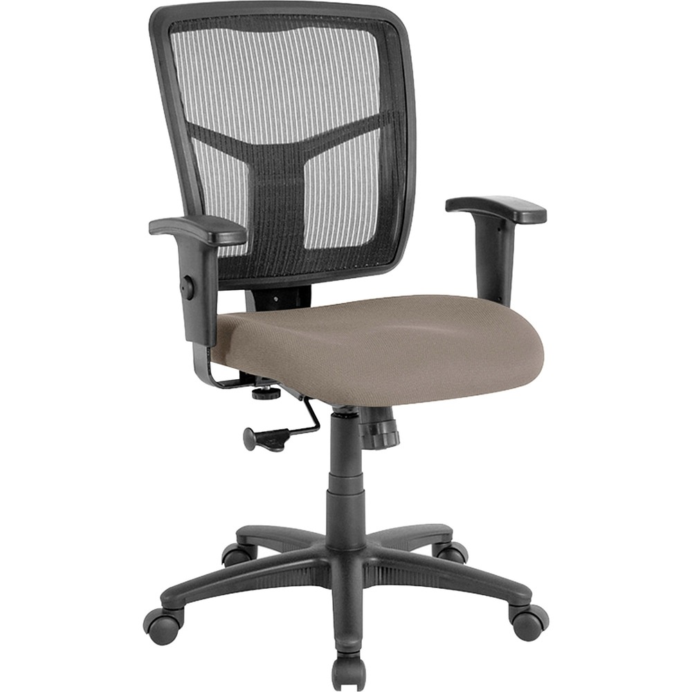 LLR86209008 - Managerial mid-back chair features a breathable mesh back chair and cushioned seat upholstered in antimicrobial vinyl. Mesh upholstery is made of high-strength elastic nylon. Ergonomically designed mid-back matches the natural curvature of a person's back. Arms adjust in height (25" to 28-7/10") and in width (24" to 26"). Functions include pneumatic seat-height adjustment (17-7/10" to 21" high from the floor), 360-degree swivel and swivel tilt mechanism. Black frame has five-star, reinforced nylon base (25" diameter) with casters for easy mobility. Seat size is 20" wide x 18-7/10" depth. Back measures 20" wide (at the widest portion) x 19-7/10" high. Weight capacity is 250 lb. Chair meets the CA117 fire-retardant standard.