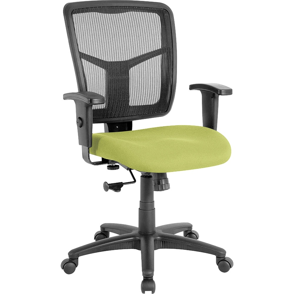 LLR86209009 - Managerial mid-back chair features a breathable mesh back chair and cushioned seat upholstered in antimicrobial vinyl. Mesh upholstery is made of high-strength elastic nylon. Ergonomically designed mid-back matches the natural curvature of a person's back. Arms adjust in height (25" to 28-7/10") and in width (24" to 26"). Functions include pneumatic seat-height adjustment (17-7/10" to 21" high from the floor), 360-degree swivel and swivel tilt mechanism. Black frame has five-star, reinforced nylon base (25" diameter) with casters for easy mobility. Seat size is 20" wide x 18-7/10" depth. Back measures 20" wide (at the widest portion) x 19-7/10" high. Weight capacity is 250 lb. Chair meets the CA117 fire-retardant standard.