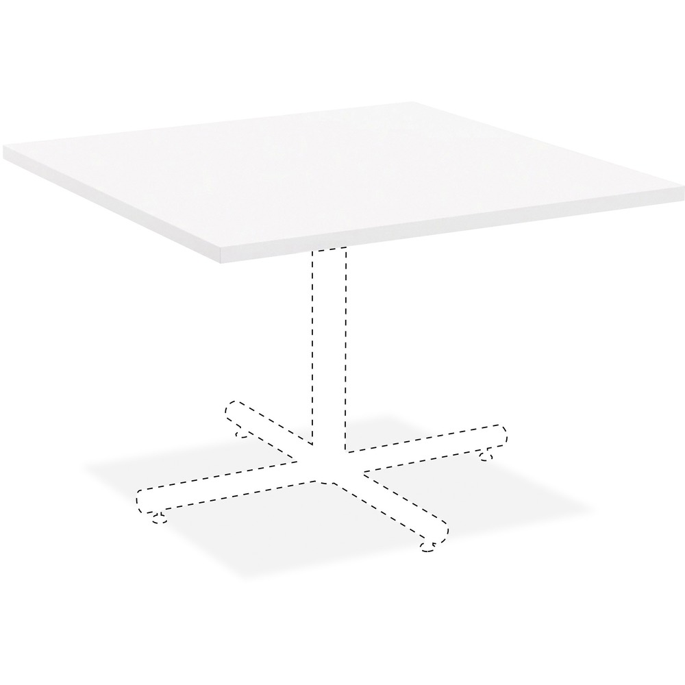 LLR99859 - As part of the Lorell Hospitality Table Collection, this square tabletop is ideal for cafeterias or breakrooms. 1" thick top is made with high-pressure laminate for an inviting place to meet or snack. Durable, stain-resistant, scratch-resistant laminate is thermofused on the top and bottom to 45 lb. density particleboard core. Design features a matching, white PVC edge and squared corners so tables smoothly fit together in groups. Tabletop also includes a pre-drilled hole for easy mounting of the X-leg base (sold separately).