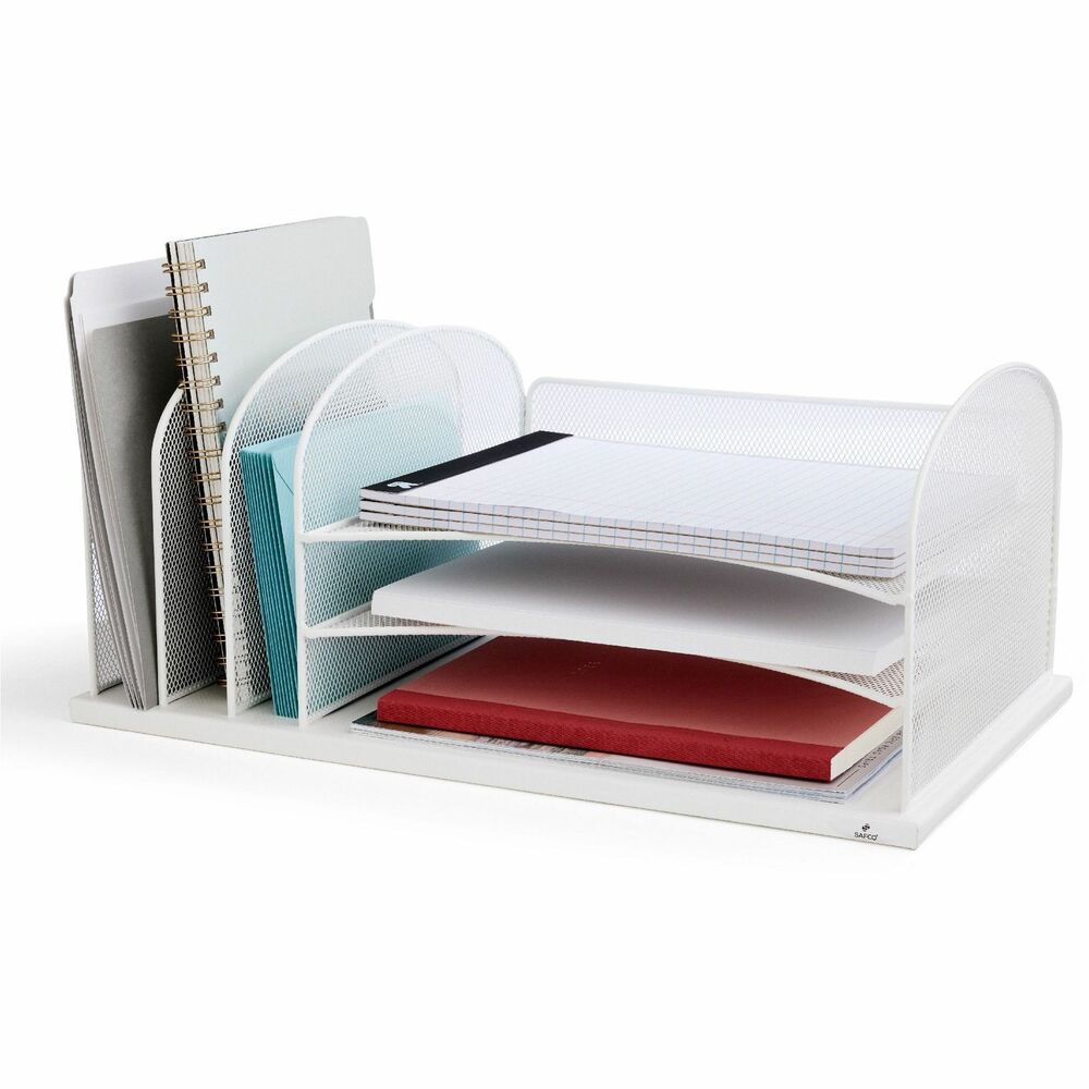 SAF3254WH - Organize your files using this sturdy steel mesh organizer with a powder-coat finish. Design includes three 2" high horizontal trays for letter-size documents and three 2" wide upright compartments for file folders and small binders.
