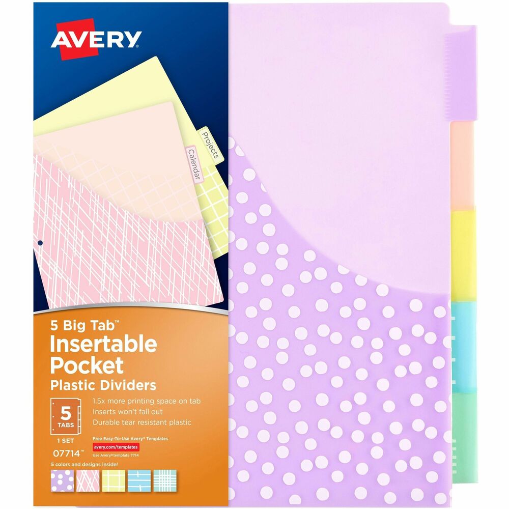 AVE07714 - Big Tab Insertable Plastic Dividers offer ample storage space along with eye-catching tabs and five fun colors and designs. The dividers feature a front pocket made of durable plastic to accommodate loose papers up to 8-1/2" x 11" without folding or punching. Each divider comes in a different stylish color and each pocket features a different fun design. The tabs include a secure indent point that keeps inserts from falling out. Larger tabs allow you to use big fonts or more lines of text for easier reading and referencing. Personalize your tabs using the free online fonts, templates and designs