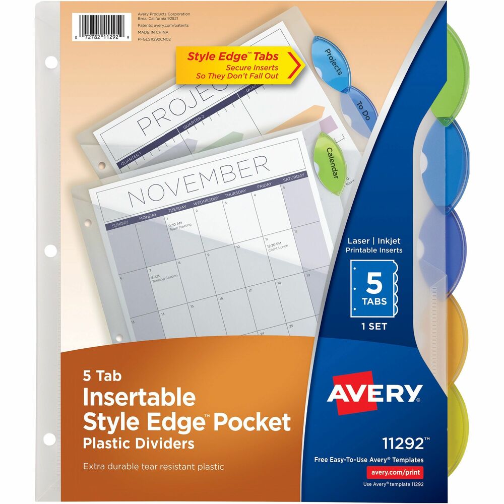 AVE11292 - With these Insertable-style Edge Plastic Dividers with Pockets, you get a fashionable look, easy referencing and extra storage all in one. Letter-size dividers are made from durable, translucent plastic for long-lasting use and feature sturdy pockets for storing loose papers. Unique, oval tab design gives you a fashionable look while keeping your inserts from falling out. Simply customize and print your inserts for your five tabs using the free online templates and designs. Three-hole punched edge means the dividers are ready to use. More from the Manufacturer