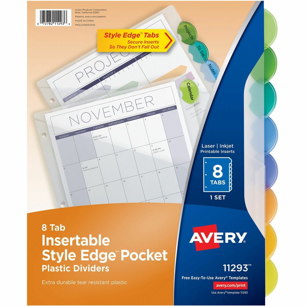 AVE11293 - With these Insertable-style Edge Plastic Dividers with Pockets, you get a fashionable look, easy referencing and extra storage all in one. Letter-size dividers are made from durable, translucent plastic for long-lasting use and feature sturdy pockets for storing loose papers. Unique, oval tab design gives you a fashionable look while keeping your inserts from falling out. Simply customize and print your inserts for your eight tabs using the free online templates and designs. Three-hole punched edge means the dividers are ready to use. More from the Manufacturer