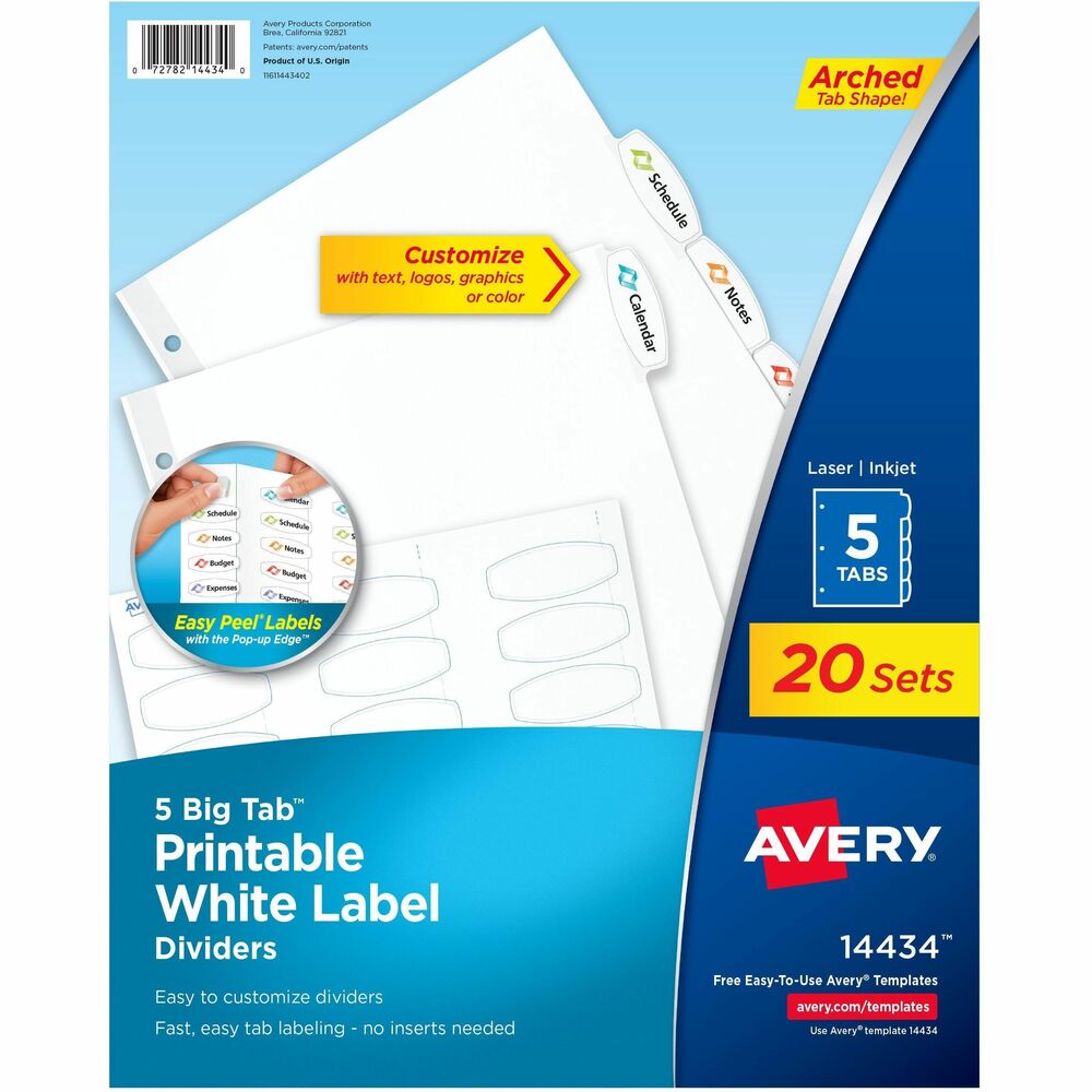 AVE14434 - Create personalized organization that looks as good as it functions with Avery(R) 14434 Big Tab(TM) Printable White Label Dividers. Featuring modern arched tabs, these 5-tab dividers for 3 ring binders offer 1.5x more writing space than standard tabs with the Big Tab(TM) design-so section titles are easier to read and quick to reference. Customize your dividers with ease using Avery(R) Design & Print Online and the available Avery(R) templates and design tools to help you create exactly what you need. With Print-to-the-Edge capability, you can add bold colors and full-bleed designs that extend right to the edge for a professional finish. Print your labels in vibrant color or classic black and white on laser or inkjet printers for clean, sharp results. Our convenient Easy Peel(R)  feature with Pop-up Edge(R) means you can peel and apply labels with ease. Just bend the sheet back, peel, and apply-no tab inserts required. Reinforced three ring binder holes add strength and durability to your organization, keeping your dividers securely in place through frequent use. Perfect for offices, classrooms, or home organization, these durable dividers help keep your documents clearly labeled and looking their best. This item comes with 20 sets of 5-tab Avery(R) dividers. More from the Manufacturer