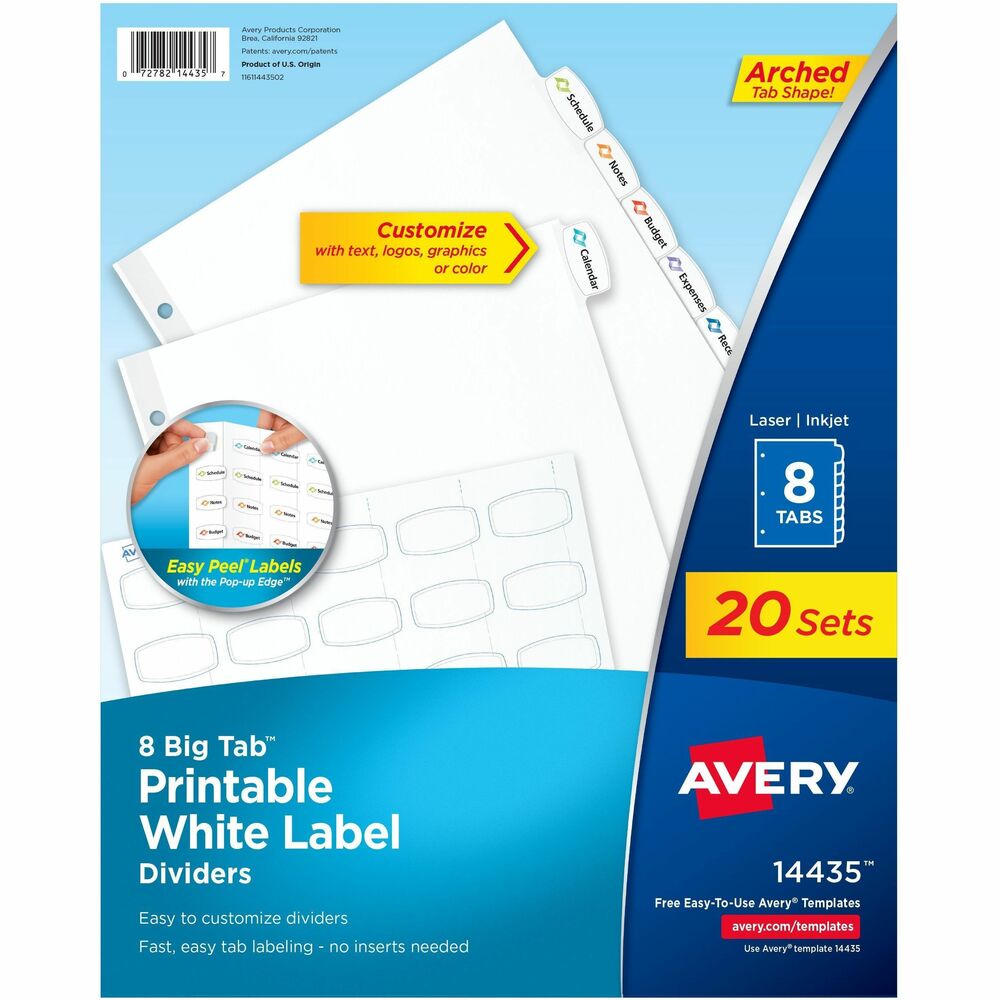 AVE14435 - Create personalized organization that looks as good as it functions with Avery(R) 14435 Big Tab(TM) Printable White Label Dividers. Featuring modern arched tabs, these 8-tab dividers for 3 ring binders offer 1.5x more writing space than standard tabs with the Big Tab(TM) design-so section titles are easier to read and quick to reference. Customize your dividers with ease using Avery(R) Design & Print Online and the available Avery(R) templates and design tools to help you create exactly what you need. With Print-to-the-Edge capability, you can add bold colors and full-bleed designs that extend right to the edge for a professional finish. Print your labels in vibrant color or classic black and white on laser or inkjet printers for clean, sharp results. Our convenient Easy Peel(R)  feature with Pop-up Edge(R) means you can peel and apply labels with ease. Just bend the sheet back, peel, and apply-no tab inserts required. Reinforced three ring binder holes add strength and durability to your organization, keeping your dividers securely in place through frequent use. Perfect for offices, classrooms, or home organization, these durable dividers help keep your documents clearly labeled and looking their best. This item comes with 20 sets of 8-tab Avery(R) dividers. More from the Manufacturer