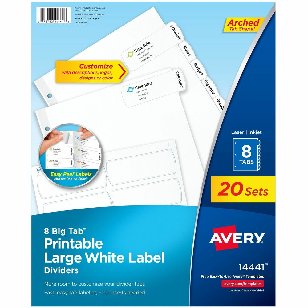 AVE14441 - Create personalized organization that looks as good as it functions with Avery(R) 14441 Big Tab(TM) Printable Large White Label Dividers. Featuring modern arched tabs, these 8-tab dividers for 3 ring binders offer 1.5x more writing space than standard tabs with the Big Tab(TM) design-so section titles are easier to read and quick to reference. The larger tab labels extend onto the divider body, giving you even more room to include text, graphics, or logos. Customize easily using Avery(R) Design & Print Online and the available Avery(R) templates and design tools. With Print-to-the-Edge capability, you can add bold colors and full-bleed designs that extend right to the edge for a professional finish. Print your labels in vibrant color or classic black and white on laser or inkjet printers for clean, sharp results. Our convenient Easy Peel(R)  feature with Pop-up Edge(R) means you can peel and apply labels with ease. Just bend the sheet back, peel, and apply-no tab inserts required. Reinforced three ring binder holes add strength and durability to your organization, keeping your dividers securely in place through frequent use. Perfect for offices, classrooms, or home organization, these durable dividers help keep your documents clearly labeled and looking their best. This item comes with 20 sets of 8-tab Avery(R) dividers. More from the Manufacturer