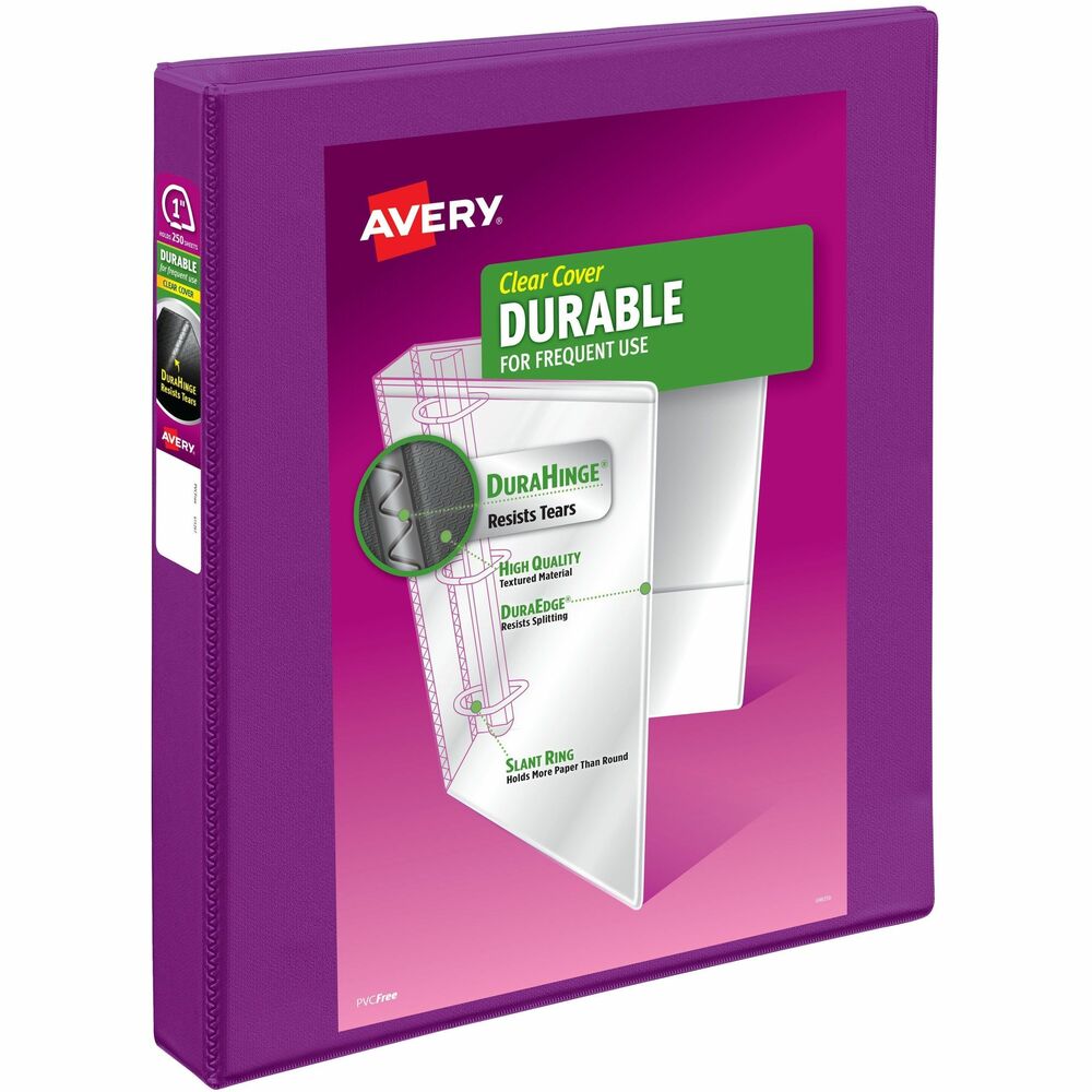 AVE17294 - Make sure important paperwork stays with you for the long haul by storing it in this Avery 17294 Durable View Binder in a vibrant purple color. This 1 inch 3 ring binder offers more protection than basic binders with its tear-resistant DuraHinge spine and flexible DuraEdge split-resistant edges. Plus, the deep-weave polypropylene cover makes it resistant to tears, bubbling, and surface wrinkles. Inside, back-mounted rings ensure pages lay flat and turn easily. There's even extra storage with two interior pockets made of nonstick material that won't lift or transfer ink, keeping documents neat and clean. Each ring binder features a 1.4-inch spine and 1-inch slant rings that hold up to 250 sheets of 8.5" x 11" paper, dividers, or sheet protectors. Perfect for use as a report binder, recipe binder, school binder, presentation binder, photo album, and more. For those who collect trading cards, pair this card binder with Avery's Trading Card Storage Sheets for effortless organization. No matter what you use it for, you can easily personalize your own custom binder using Avery Design & Print Online and the available cover binder templates, fonts, and designs and print from any printer. Visit the Avery website and try it out today! More from the Manufacturer