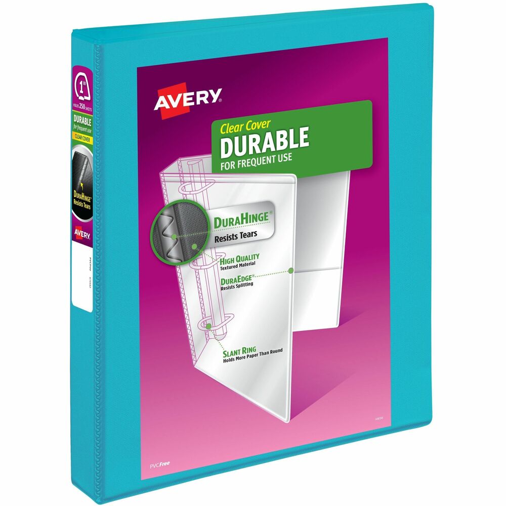 AVE17295 - Make sure important paperwork stays with you for the long haul by storing it in this Avery 17295 Durable View Binder in a vibrant aqua blue color. This 1 inch 3 ring binder offers more protection than basic binders with its tear-resistant DuraHinge spine and flexible DuraEdge split-resistant edges. Plus, the deep-weave polypropylene cover makes it resistant to tears, bubbling, and surface wrinkles. Inside, back-mounted rings ensure pages lay flat and turn easily. There's even extra storage with two interior pockets made of nonstick material that won't lift or transfer ink, keeping documents neat and clean. Each ring binder features a 1.4-inch spine and 1-inch slant rings that hold up to 250 sheets of 8.5" x 11" paper, dividers, or sheet protectors. Perfect for use as a report binder, recipe binder, school binder, presentation binder, photo album, and more. For those who collect trading cards, pair this card binder with Avery's Trading Card Storage Sheets for effortless organization. No matter what you use it for, you can easily personalize your own custom binder using Avery Design & Print Online and the available cover binder templates, fonts, and designs and print from any printer. Visit the Avery website and try it out today! More from the Manufacturer
